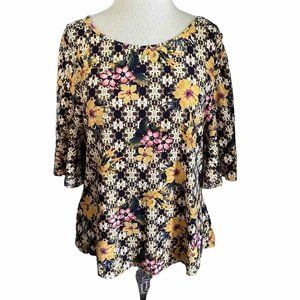 Allison‎ Brittney Blouse Size Large Cold Shoulder Floral Print Yellow Black Top
